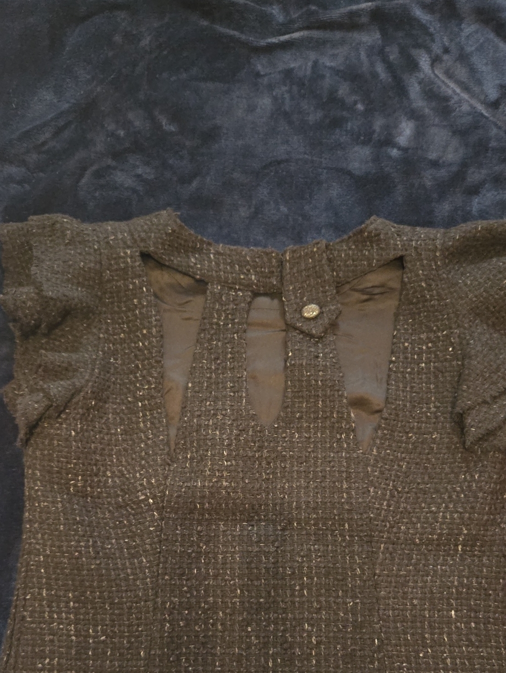 Womens Chanel Textured Black Tweed Short Sleeve Top with Keyhole Details